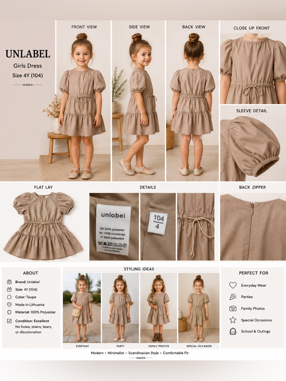 Unlabel Girls Taupe Puff Sleeve Drawstring Peplum Dress Size 4Y 104 Minimalist